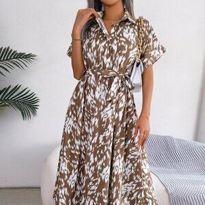 Printed Collared Neck Short Sleeve Tie Waist Dress